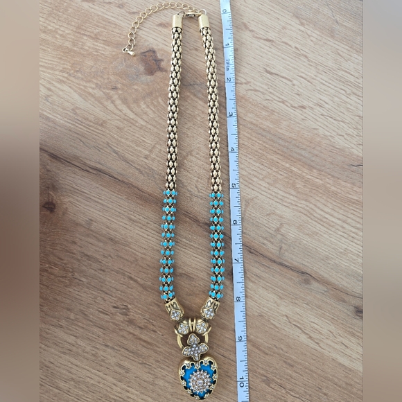 Vintage Gold & Turquoise Enamel Heart Pendant Necklace | Crystal Cross Medallion - Picture 7 of 9